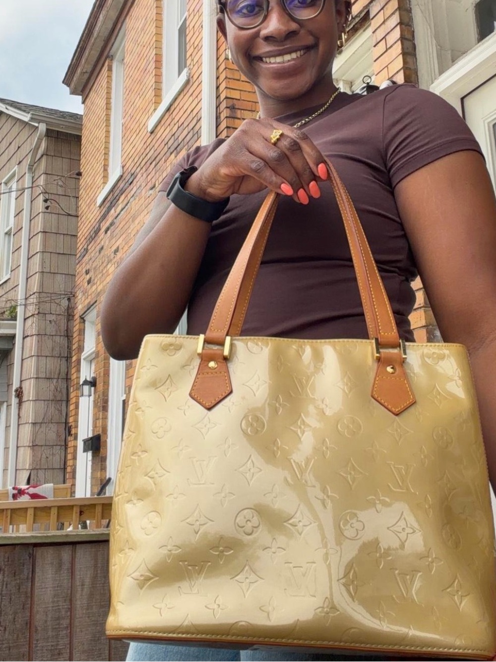 Louis Vuitton Patent Monogram Tote in Beige with Tan Handles